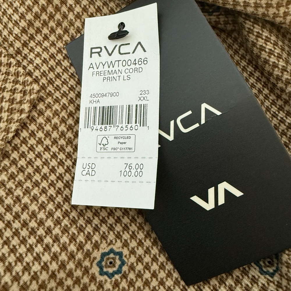 RVCA Brown Houndstooth Button Up Freeman Corduroy Long 100% Cotton Sleeve XXL - Picture 13 of 16
